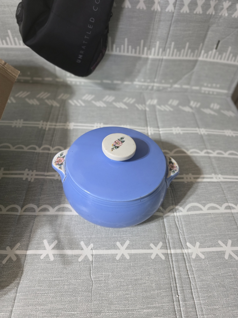 Vintage Hall Cottagecore Blue Ceramic Covered Casserole with Floral Accents